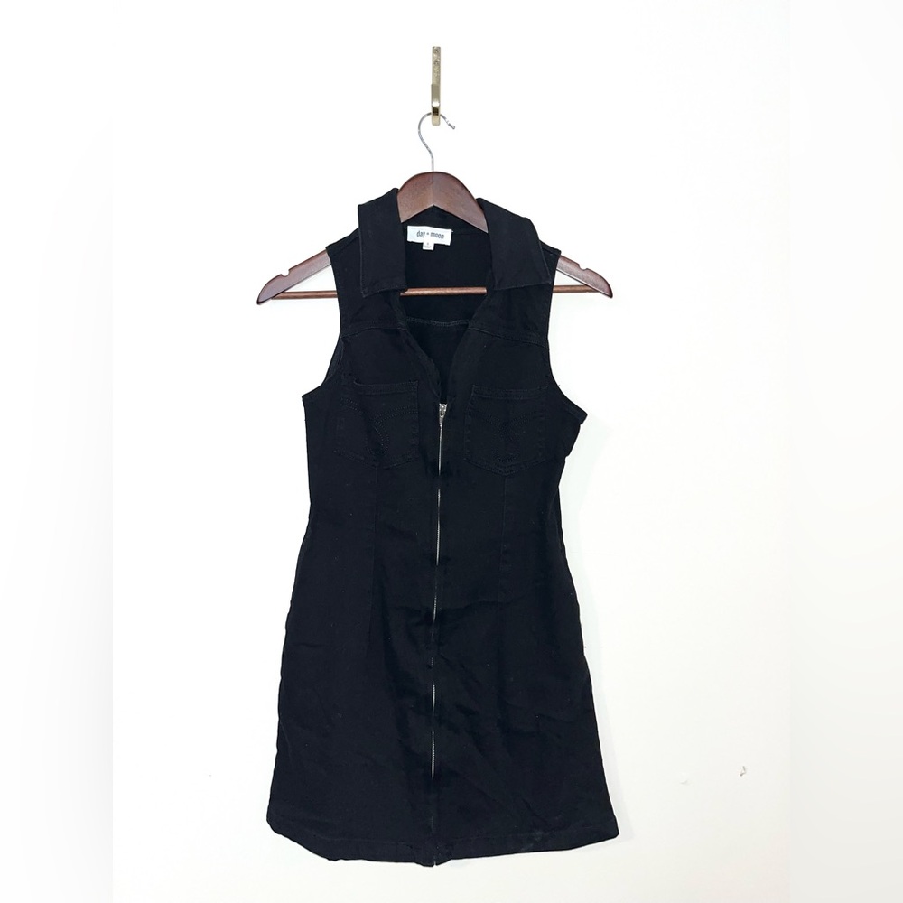 DAY‎ + MOON Black Full Zip Mini Denim Sleeveless Dress | Small